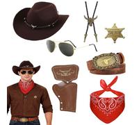 7 pièces Western Cowboy Fancy Dress Accessories Set, Costume de cow-boy occidental pour homme avec chapeau, holsters, collier, bandanna, insigne de shérif, ceinture, lunettes pour cosplay adulte