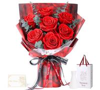 7 Roses Éternelles Rouges avec Vase, Bouquet Fleur Éternelle, Cadeau Femme | Fleurs Préservées sans Entretien, Cadeau Saint-Valentin, Fête des Mères ou Anniversaire, pour Épouse, Maman ou Copine