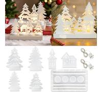 7 X Christmas 3d Silicone Moulds For Candle Tree With Led,Candle Mould With Base,Candle Holder And Plaster,For Moulding Houses And Trees