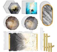 7 X Epoxy Resin Round Square Silicone Coaster Mould With Handles Resin Mould Diy Dining Table And Home Decoration