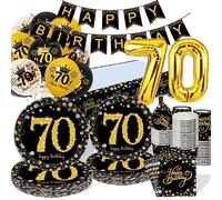70 ans Decoration Anniversaire Vaisselle, Femme Homme Vaisselle de Fête avec Noir Or Ballons 70 Anniversaire Mariage, Carton Assiettes, Serviette Papier, Gobelet, Nappe, Bannière, Table Décor