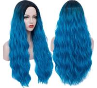 70 cm Perruque Femme Bleu Longue Ondulée Boucles Naturelles pour Femmes Quotidienne Anime Cosplay Fête Costumée Halloween Carnaval