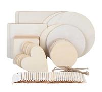70 Pcs Disques Boules en Boiss, Rondes Carrées & Cœurs en Bois Brut Vierge, Disques en Bois avec Trou pour Pyrogravés Artisanat Bricolage Décoration Peinture (8 Tailles), avec Corde de Jute