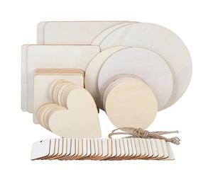 70 Pcs Disques Boules en Boiss, Rondes Carrées & Cœurs en Bois Brut Vierge, Disques en Bois avec Trou pour Pyrogravés Artisanat Bricolage Décoration Peinture (8 Tailles), avec Corde de Jute