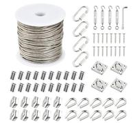 70 Pcs Kit Cable Acier 2mm, 30m Serre Cable Inox 7x7 PVC Gainé avec 4 Tendeur, 20 Boucles, 10 Cosses, 10 Serre Câbles Acier, 4 Crochets Muraux, 4 Mousquetons et Clé, Fil a Linge Extérieur (2mm)