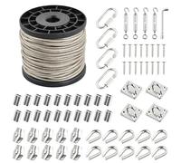 70 Pcs Kit Cable Acier 3mm, 30m Serre Cable Inox 7x7 PVC Gainé avec 4 Tendeur, 20 Boucles, 10 Cosses, 10 Serre Câbles Acier, 4 Crochets Muraux, 4 Mousquetons et Clé, Fil a Linge Extérieur (3mm)