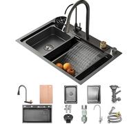 70 x 50 cm Évier de cuisine à cascade en acier inoxydable noir-gris, 1 cuve, grand plan de travail avec robinet extractible, 2 égouttoirs, planche à découper, distributeur de savon, rince-verre