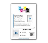 700 étiquettes 99 x 38 mm autocollantes - 50 feuilles A4 de 14 Étiquettes 99,1 x 38,1 - TVA DÉDUCTIBLE contrairement à certains vendeurs (auto entrepreneurs) Réf UNIVERS GRAPHIQUE UGE141-50