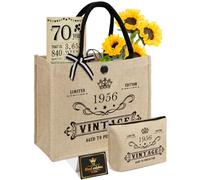 70e Cadeaux d'anniversaire pour femmes Sac fourre-tout en toile de jute, cadeaux uniques de 70 ans pour maman amis grand-mère, vintage 1956 Burlap Sac & sac de maquillage & retour dans 1956 Poster