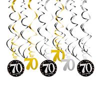 70e Décorations de Tourbillons Suspendus, Spirales de Décoration du 70e Anniversaire, 70 Ans Hanging Swirls Deco Fête de Plafond, Or Argent et Noir Homme Femmes Partie Fournitures, 18 Pcs (70)