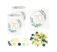 70ème Décoration de table d'anniversaire : le produit contient 20 serviettes vert eucalyptus 70 ans + 12 pièces 70 ans photophore décoration de table + 100 confettis 70e