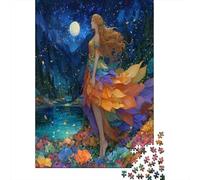70x50cm/1000pcs Pleine Lune et Ciel étoilé Puzzle Jouet en Bois Cadeau Unique Décoration Intérieure Fille Elfe sur l'herbe au Bord du lac Jeu ÉduChatif Challenge Toy
