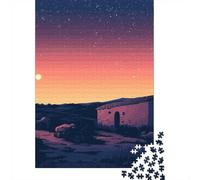 70x50cm/1000pcs, Puzzle Image 1000 Pièces, Rural House at Sunset Pixel Art
