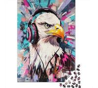 70x50cm/1000pcs Pygargue à tête Blanche avec Casque Audio Puzzle Jouet en Bois Cadeau Unique Décoration Intérieure Style Doodle Jeu ÉduChatif Challenge Toy