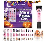72 pièces d'ongles artificiels Halloween pour enfants, EBANKU Lot de 3 sets d'ongles artificiels pour enfants, mignons ongles artificiels fantômes et araignées pour filles de 7 à 12 ans avec colle à