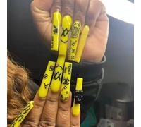 ?72 Pièces Faux Ongles?Autocollants De Manucure Amovibles Ongles De Ballet Faux Ongles Jaune Vif Portant Des Ongles Ongles Finis Autocollants Ongles Européens Et Américains Ours Noirs