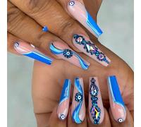 ?72 Pièces Faux Ongles?Clous Européens Et Américains À Pois Bleus Rayés De Couleur Diamant Trapézoïdal Portant Une Armure Super Longue Armure De Ballet