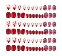 72 Pièces Faux Ongles de Noël Rouges Cerf et Flocons, Plastique | Style Classique, sans Odeur, Pose Facile et Retrait Simple, Motifs Cerf et Neige, Lot