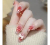 ?72 Pièces Faux Ongles?Glace Transparent Blush Changement De Lumière En Trois Dimensions Amour Portant Des Taches D'ongle Fini Pièce D'ongle Perle Pêche Coeur Arc Pièce D'ongle