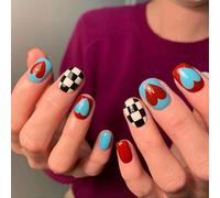 ?72 Pièces Faux Ongles?Manucure Portable Pièce D'ongle En Damier Noir Et Blanc Bleu Et Rouge Amour Faux Ongles Manucure Portable Produit Fini