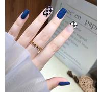 ?72 Pièces Faux Ongles?Ultra-Mince Court Bleu Royal Noir Et Blanc Or Bord Damier Plaid Faux Ongles Mode Ins Porter Des Ongles Finis Ongles