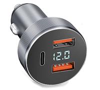 72W Chargeur Voiture Allume Cigare , Adaptateur de Charge Rapide Métaux, USB Dual 18W QC 3.0 + 36W PD, Chargeur avec Voltmètre LED (Argent)