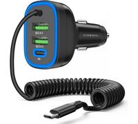 72w Usb C Car Charger 4 Port 12v 24v Dual Chip Pd Type Fast Charge With 1.5m Helicoid Cable For Iphone 15/Samsung S24 Etc