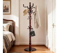73”Vintage Wooden Coat Rack Freestanding，with 14 Hooks and Sturdy Round Base.Sturdy and Durable Standing Coat Racks，Adjustable Wooden Freestanding Coat Rack for Offices, Porch(Mahogany)