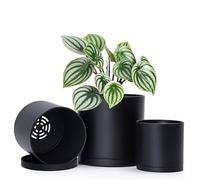 74-E-S-2 Lot de 3 Pots de Fleurs en Plastique pour Plantes avec Trou de Drainage et soucoupes sans Couture, Noir, Taille S, 10,2 cm, 12,7 cm