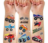 75 Pcs Tatouage Temporaire De Camion Pour Enfants,Camion Fête D'anniversaire Style Métallique Fournitures De Tatouage Racing Square Flag Trophy Flame Wheel Garçon Faux Tatouage Autocollants