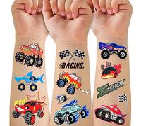 75 PCS tatouage temporaire de camion pour enfants, camion fête d'anniversaire style métallique fournitures de tatouage Racing Square Flag Trophy Flame Wheel garçon faux tatouage autocollants