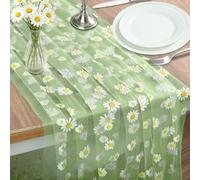 75 X 300 CM Chemin de Table, Vert Été Chemin de Table, Chemins de Tables Printemps, Chemins de Tables, Motif Marguerites, en Tulle Et Dentelle Brodés