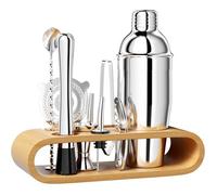 750ML INOX Shaker Cocktail -10 Pcs ,Vinaigrette avec Support Bois, crépine, Jigger, verseur, pour Home, Bar, Party (Argent)