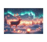 75x50cm/1000pcs Puzzles pour Adolescents Winter Magic Deer Under Aurora Borealis Puzzles pour Adultes, Jouets À Monter Soi-même, Décoration Parfaite, Cadeaux d'anniversaire Uniques 75x50cm/1000pcs