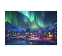 75x50cm/1000pcs Puzzles pour Adultes Aurora Borealis Over Snowy Cabin Village Puzzles pour Adolescents Jeux Relaxants Anti-Stress Difficiles Et Stimulants 75x50cm/1000pcs