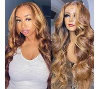 76 cm Perruque de cheveux humains ombrés avec dentelle frontale 4/27 avec mèches blond miel 33 x 10,2 cm HD transparent avec dentelle - Perruque pré-épilée pour femme - Densité de 150