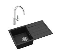 76x44 cm évier avec égouttoir réversible en Granite, à encastrer, noir + mitigeur lavabo/cuisine Grohe StartEdge (SATSE3BG313)