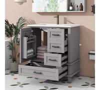 76x46x83,5cm Armoire de salle de bain, au sol avec lavabo en céramique intégré, entièrement laquée, étagère de porte, 3 tiroirs silencieux, gris