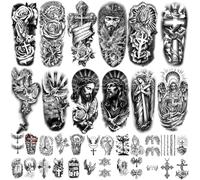 77 Feuilles de Croix Chrétienne Tatouage Temporaire pour Femmes et Hommes, 17 Demi Bras Dieu Religieux Jésus Faux Tatouages, 60 Anges Christ Noir Petits Corporels Adultes Autocollants Réalistes