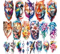 77 Feuilles de Tatouages Temporaires, 17 Feuilles Demi-bras Fleur Lion Loup Tigre Chat Hibou Perroquet Faux Tatouages pour Adultes, 60 Feuilles de Petits Tatouages Temporaires pour Femmes Filles