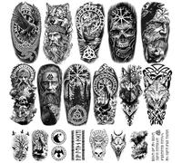 77 Feuilles de Tatouages Temporaires, Faux tatouages Noirs Tribal Nordique Loup Tigre Lion Aigle Squelette Crâne pour Adultes Hommes Femmes Garçons filles Corps Autocollants Réalistes