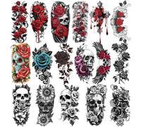 77 feuilles de tatouages temporaires pour adultes et enfants - Faux tatouages imperméables - 17 grands et 60 petits autocollants noirs - Couleur Crâne Rose Pivoine Lotus