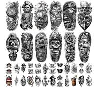 77 Tatouages Temporaires Crânes de Pirates pour Femmes Hommes, 17 Grands Designs Bras Demi longueur Fleurs Pieuvres, 60 Mini Noir Horloges Réalistes Adultes Enfants