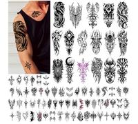 77 Tatouages Temporaires Cyborg Tribal pour Femmes Hommes, 17 Grands Crânes avec Papillons Bras Demi longueur, 60 Autocollants Vintage Noir Résistants à l'Eau Unisexe