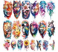 77 Tatouages Temporaires Fleurs Lions Tigres, 17 Grands Designs Bras Demi longueur Chats Hiboux Perrоquets, 60 Mini Serpents Loups Plumes Réalistes Adultes Enfants