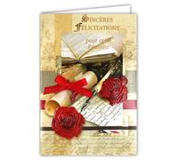 78-610 Carte Sincères Félicitations pour cette Réussite Diplôme Parchemin avec un vrai nœud de ruban rouge Stylo Plume Fleurs Roses Rouges en Relief Format 19x13,5cm avec Enveloppe Blanche 20x14cm