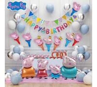 79 pièces Ensemble de ballons officiellement autorisés Peppa Pig Peppa George Maman Papa Famille Heureuse Bleu Blanc Argent Ballons de style de dessin animé mignon Bâton à main Bracelet Coiffure Drape