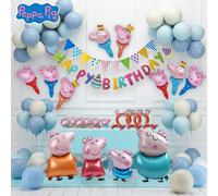 79 pièces Ensemble de ballons officiellement autorisés Peppa Pig Peppa George Maman Papa Famille Heureuse Bleu Abricot Ballons de style de dessin animé mignon Bâton à main Bracelet Couvre-chef Drapeau