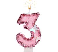 7cm Bougies Numéro D'anniversaire, Bougies Roses Scintillantes Cake Topper Bougies D'anniversaire Papillon Avec Paillettes Pour Les Fournitures De Célébrations D'anniversaire (Numéro 3)[Z7873]