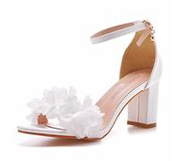 7CM Femmes Talon Épais Bouche Peu Profonde Bout Rond Sandales Grande Taille Fleur Sandales À Talons Hauts Chaussures De Mariage De Mariée,Blanc,40 EU
